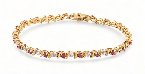 14K Yellow Gold Bracelet, Ruby And Diamond L 6.7" 5g