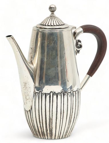 Codan (Mexican) Sterling Silver Coffee Pot with Carved Wood Handle, H 11.25" Dia. 3.5"