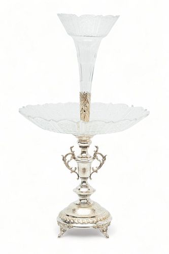 Silver Plate And Cut Glass Epergne Centerpiece Ca. 19th.c, H 21" Dia. 12"