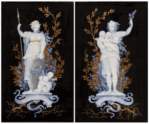 Albert Louis Dammouse (French, 1848-1926) Sevres Pâte-sur-pâte Porcelain Plaques 1873, "Bellum And Pax (War And Peace)", H 11" W 7" 1 Pair