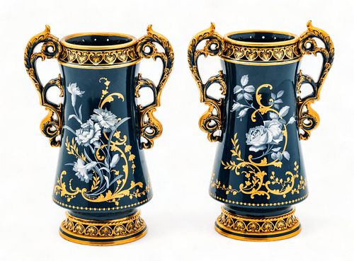 Mintons Pâte-sur-pâte Porcelain Double Handled Cabinet Vases  1890-1910, H 8" W 5.25" 1 Pair