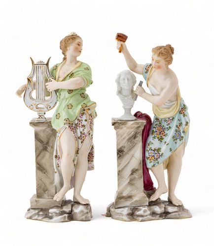 German Porcelain Figurines Ca. 1900-1915, "Art And Music", H 8.5" W 3" Depth 2" 1 Pair