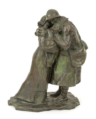 Alexandre Descatoire (French, 1874-1949) Bronze Sculpture, L'Adieu, H 10.5" W 3.75" L 7.75"
