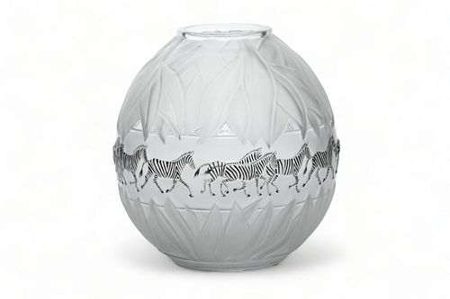 Lalique (French) 'Tanzania' Enamel Painted Crystal Vase, H 9" Dia. 7"