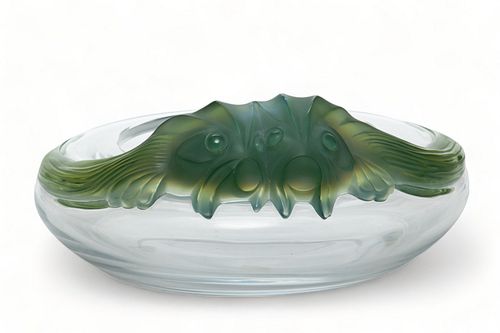 Lalique (French) 'Yeso' Crystal Bowl, Mounted Green Crystal Koi Fish, H 4.25" Dia. 9"