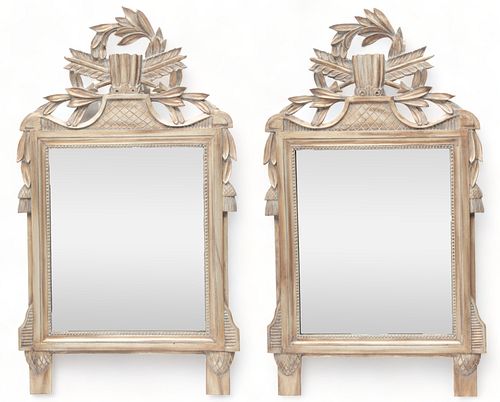 Pair of Silver Painted Carved Wood Mirrors,  20th C., H 38" W 22"