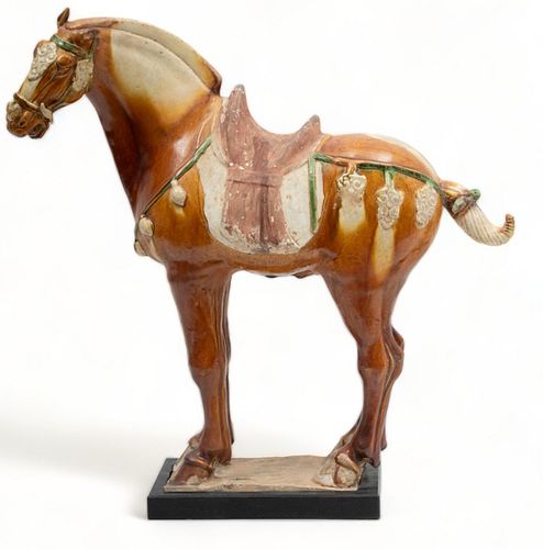 Chinese Tang Dynasty (唐朝) Style Polychrome Earthenware Sancai Ferghana Horse, 8th C.E., H 19.25" W 6.25" L 20.5" + Rosewood Display Cabinet
