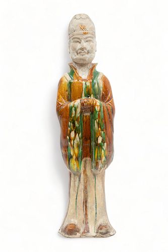 Chinese Tang Dynasty (唐朝) Style Glazed Earthenware Civil Officer, 8th C.E., H 22.25" W 5.75" Depth 5.75" + Rosewood Display Cabinet