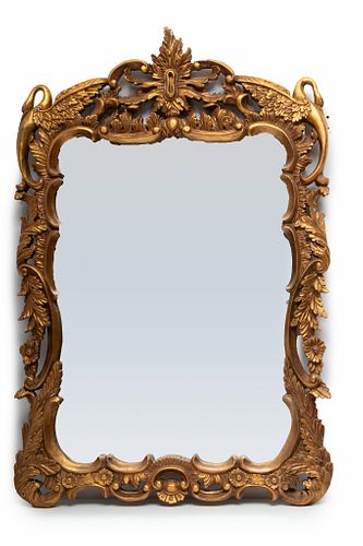 Gilt Composition Wall Hanging Mirror, Swans & Floral Swags, 20th C., H 43" W 28"