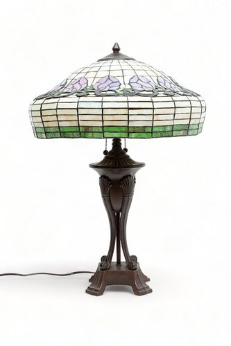 Leaded Glass Table Lamp, Purple Pansy Band H 27" Dia. 18"