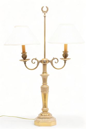 Brass Base Table Lamp, Silk Shade H 29" Dia. 20"