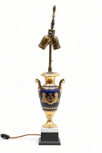French Empire Style Cobalt And Fire Gold Lamp, H 23"