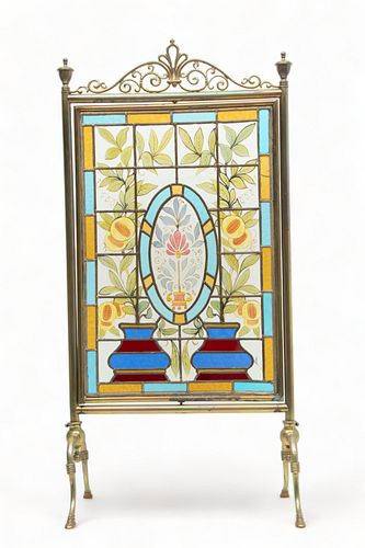 Brass Frame with Leaded Glass Fire Screen Ca. 1900, H 39" W 19"