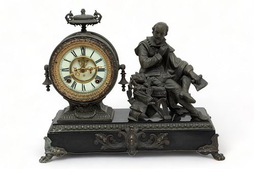 Ansonia Mantle Clock, Spelter Figure of Shakespeare, Marble Base Ca. 1880, H 14" W 17"