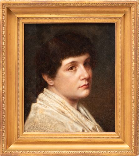 Oil on Canvas, Ca. 1900, "Portrait of Woman in White Shawl", H 12" W 10"
