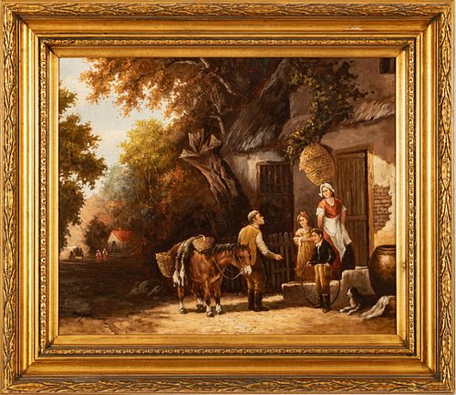 Oil on Canvas, Cottage Scene with Family, H 20" W 24"