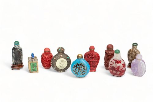 Chinese Snuff Bottle Collection: Overlay, Cinnebar, Cloisonee, Crystal, Stone H 3" 10 pcs