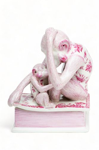 United Wilson (Chinese) Painted Porcelain Covered Box, Monkey with Baby on Book, Ca. 1900, H 8" W 6.5"