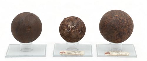 Three Revolutionary War Era Cast Iron Cannonballs, Dia. 3" to 3.75"