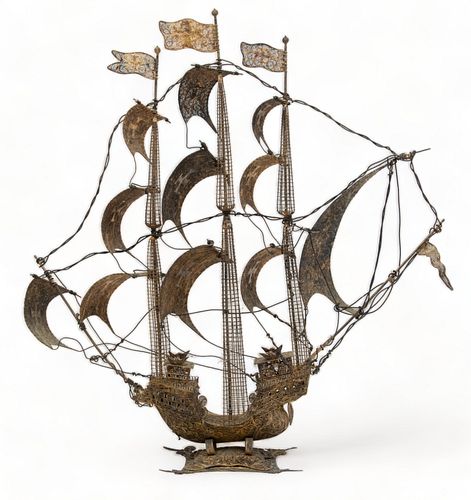 Portuguese Brass Vermeil Filigree Caravel Ship Sculpture, Ca. 19th, H 31" W 7.75" L 29"