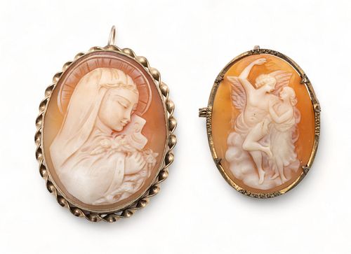 Italian Carved Shell Cameo Pendant/Brooches,  19th C., H 1.5" W 1.1" 12g 2 pcs