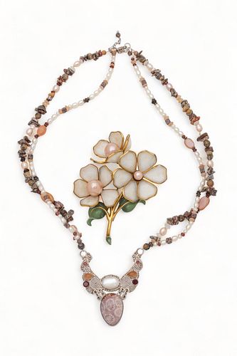 925 Silver & Stone Necklace & Enamel Flower Brooch, L 22" 120g 2 pcs