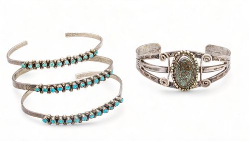 Native American Style Unmarked Silver & Turquoise Cuff Bracelets, H 1.75" W 2.5" 1.54t oz