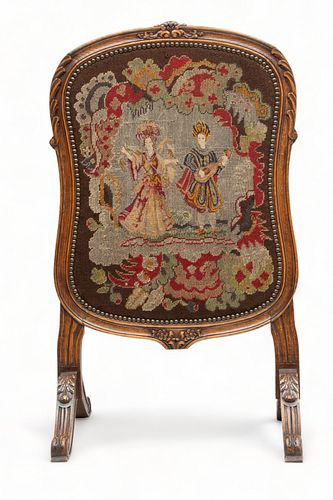 French Style Carved Walnut And Needlepointe Panel Fire Screen Ca. 1880 H 36.5" W 21.25" Depth 16.5"