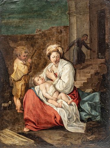 Italian School in the Manner of to Orazio Gentileschi (Italian, 1562-1647) Oil on Copper Plate "Madonna And Child", H 17" W 12.62"