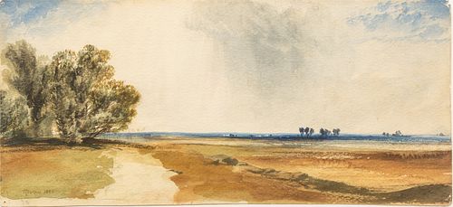 Thomas Moran (American, 1837-1926) Watercolor on Paper, 1889, "Amagansett Landscape", H 6.125" W 13.5"