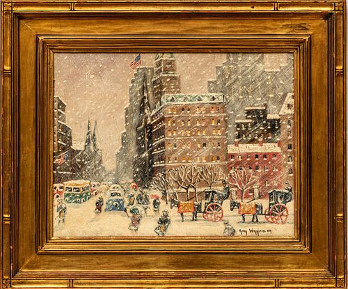 Guy Carleton Wiggins (American, 1883-1962) Oil on Canvas Panel, "Looking Down Fifth Avenue, from the Plaza, New York", H 14" W 18"