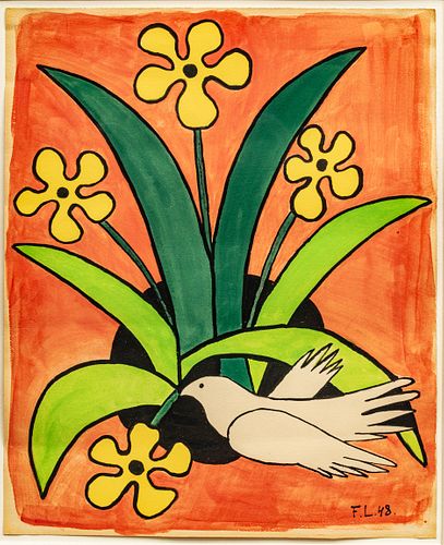 Fernand Leger (French, 1881-1955) Gouache And Watercolor on Wove Paper, 1948, "Columbe Aux Fleurs", H 14.25" W 11.5"