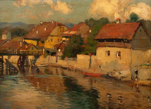 Anton Faistaur (Austrian, 1887-1930) Oil on Canvas Mounted to Board, Ca. 1924, "Riverside Austrian Village", H 18" W 24"