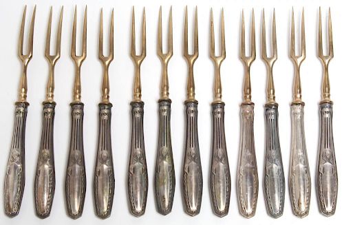 12 Art Nouveau Silver & Brass Hors d'oeuvre Forks