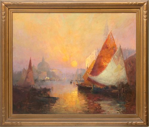 George Thompson Pritchard (New Zealander-American, 1878-1962) Oil on Canvas, "Venetian Canal Scene at Sunset", H 30" W 36"