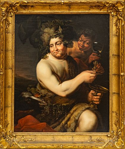 European Oil on Canvas Ca. 1840-1880, "Bacchus Attended by Satyr And Goat", H 31" W 25"