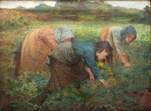 George Robert Rushton (British, 1869-1947) Oil on Canvas, Ca. 19th C., "Three Women Harvesting Vegetables", H 28.25" W 38"