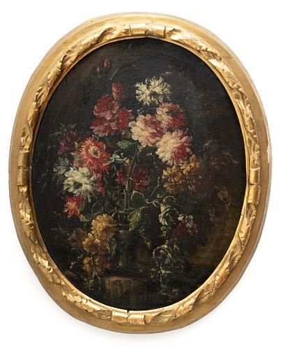 Verbrugghem Flemish School Oval Oil on Canvas, Ca. 18th C., "Floral Still Life", H 26.5" W 21"