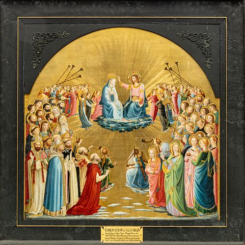Emilia J. Ginanneschi (Italian, 19th C.) Oil And Gold Leaf on Cradled Panel, After Fra Angelico "Coronation of the Virgin", H 23.75" W 23.5"