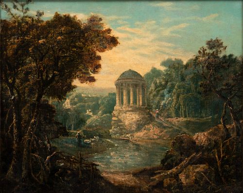 Attributed to Hubert Robert (French, 1733-1808) Oil on Canvas, Ca. 18th C., "Classical Temple on a Rocky Outcrop", H 16" W 20"