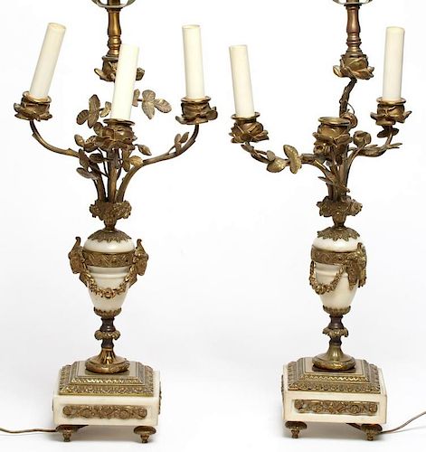 Pair of Bronze & White Marble 3-Light Lamps