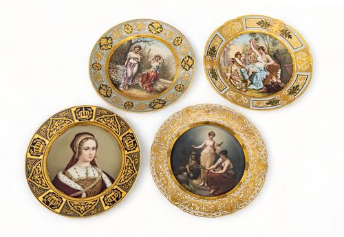Royal Vienna Porcelain (Austrian) Hand Painted And Fired Gold Plates, Dia. 9.5" 4 pcs
