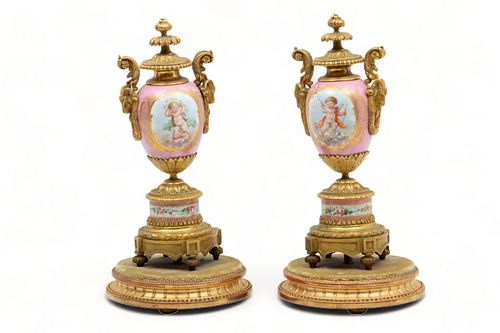 Pair of French Handpainted Porcelain And Dore Bronze Urns, H 13"