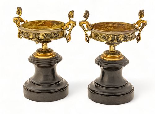 French Empire Bronze And Marble Tazzas Ca. 1840, H 11.5" W 9.5" 1 Pair