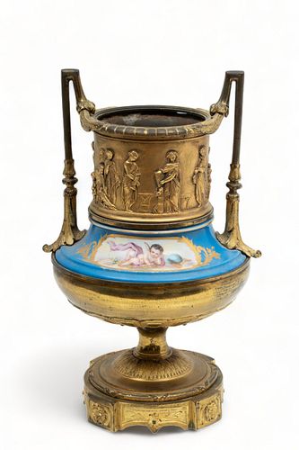 French Empire Bronze And Sevres Porcelain Garniture Ca. 1840, H 13" W 8"