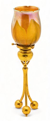 Tiffany Studios (American, 1878-1938) Gilt Bronze Candlestick #1202 with Pulled Feather Gold Favrile Glass Shade, Ca. 1906, H 14" Dia. 4"