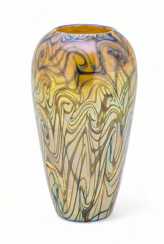 Quezal Art Glass And Decorating Company (American, 1902-1924) Art Glass Vase Ca. 1910, H 8.25" Dia. 4.5"