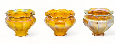 American Gold Iridescent Art Glass Shades Ca. 20th C., H 4" W 5" 3 pcs