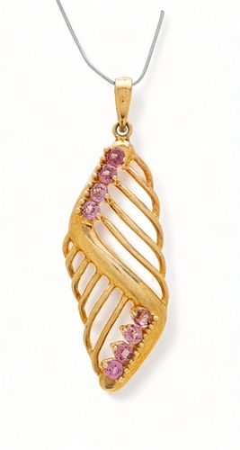 Pink Sapphire And 14K Yellow Gold Pendant, H 1.5" W 0.5" 3g