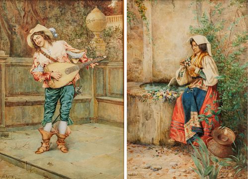 Dario Santini And E. Querciola Watercolors on Paper, Ca. 1900, "Woman Seated at a Fountain And a Man with a Mandolin", H 21" W 14.25" 2 pcs